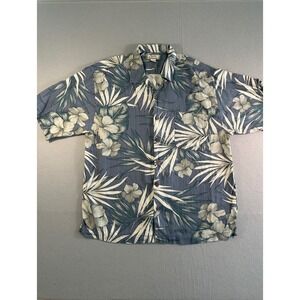 Tommy Bahama Camp Shirt Mens Large Blue 100% Silk Floral Palm Hibiscus Hawaiian